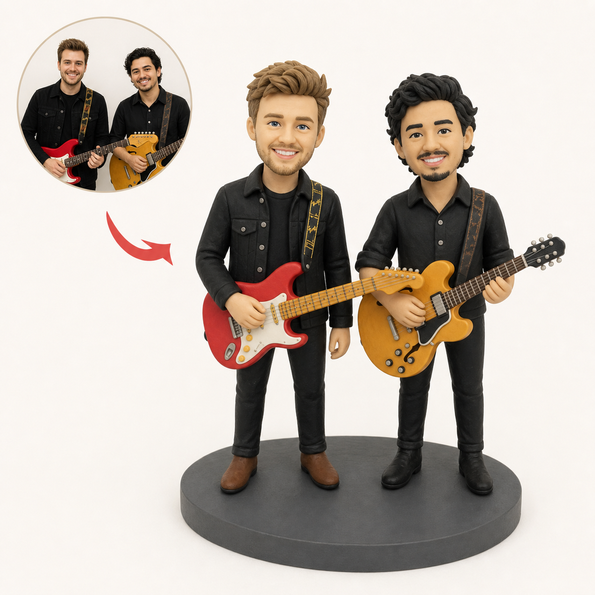 Two musicians sculpted side by side with their guitars