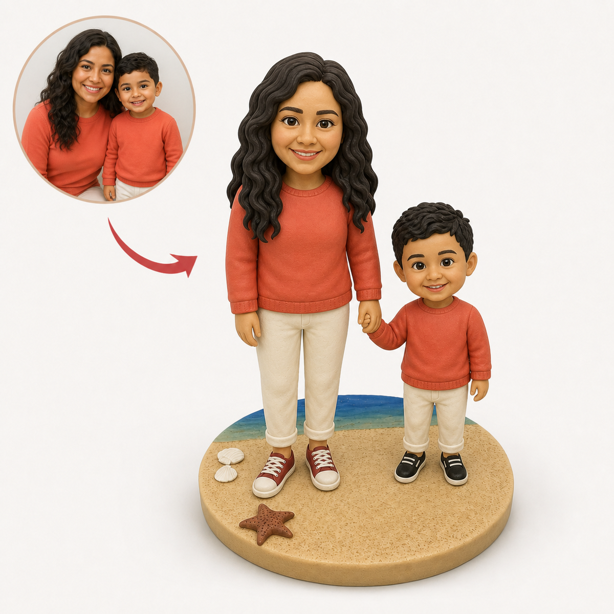 A parent and child sculpted together in clay