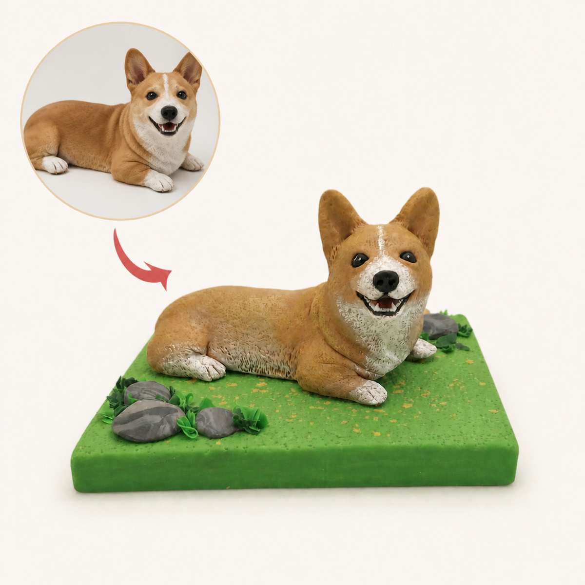A tan dog and the clay mini sculpted by hand from its photo