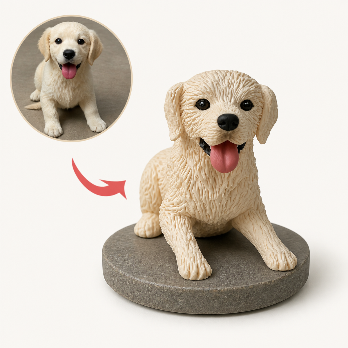 A golden retriever puppy beside its hand-sculpted clay mini