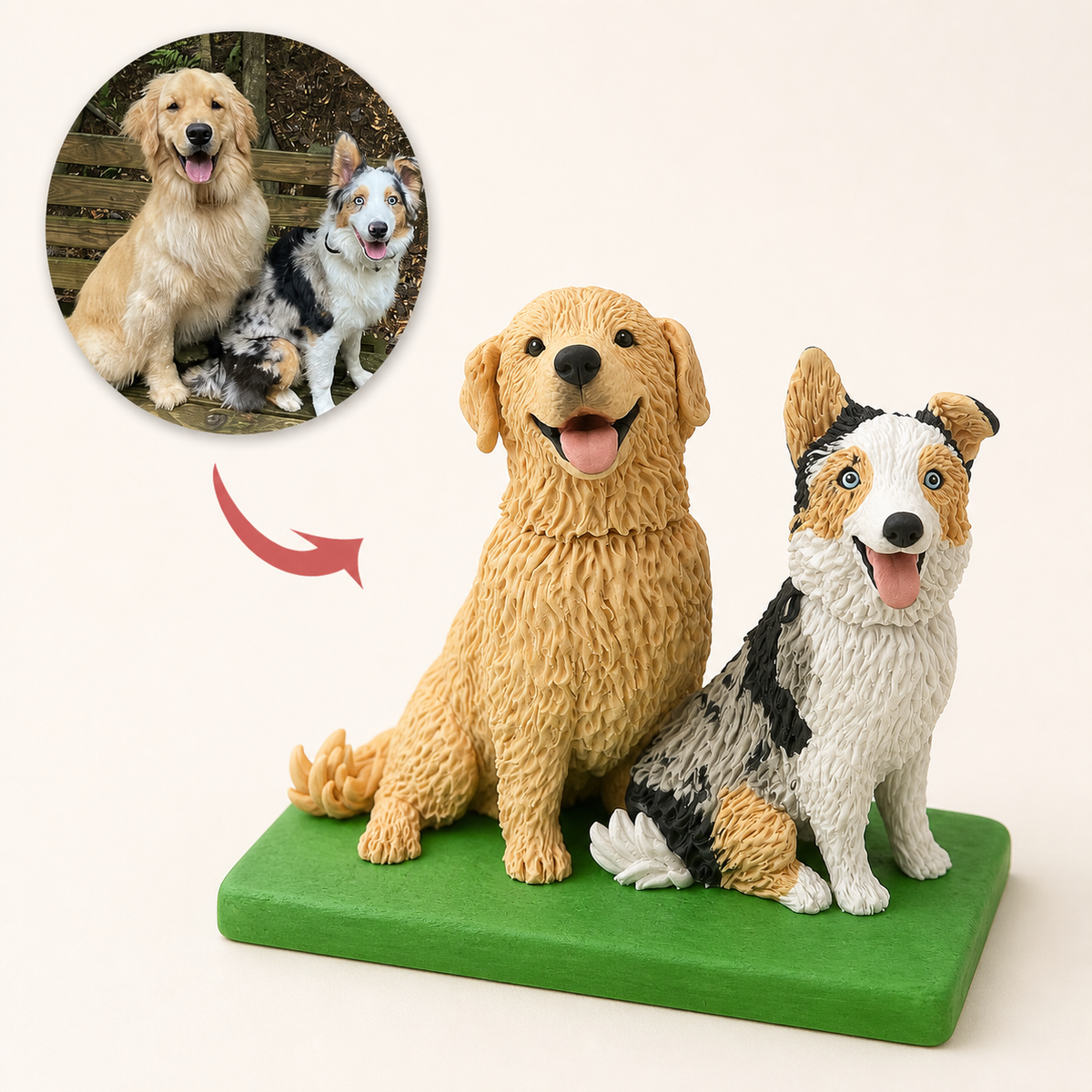 A golden retriever and an Australian shepherd sculpted side by side