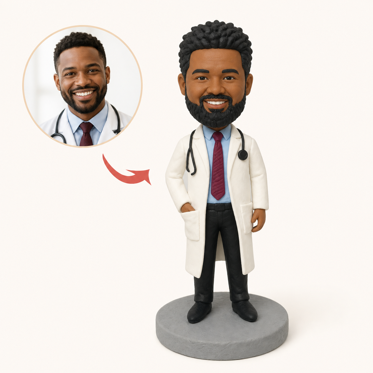 A doctor sculpted in clay from his photo, in his white coat