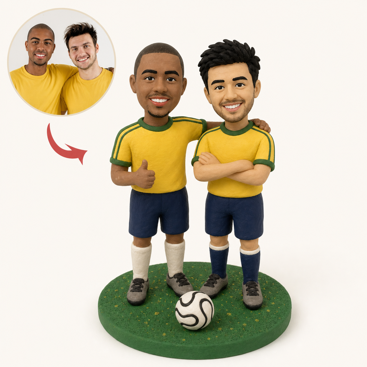 Two teammates in kit, sculpted together on one base
