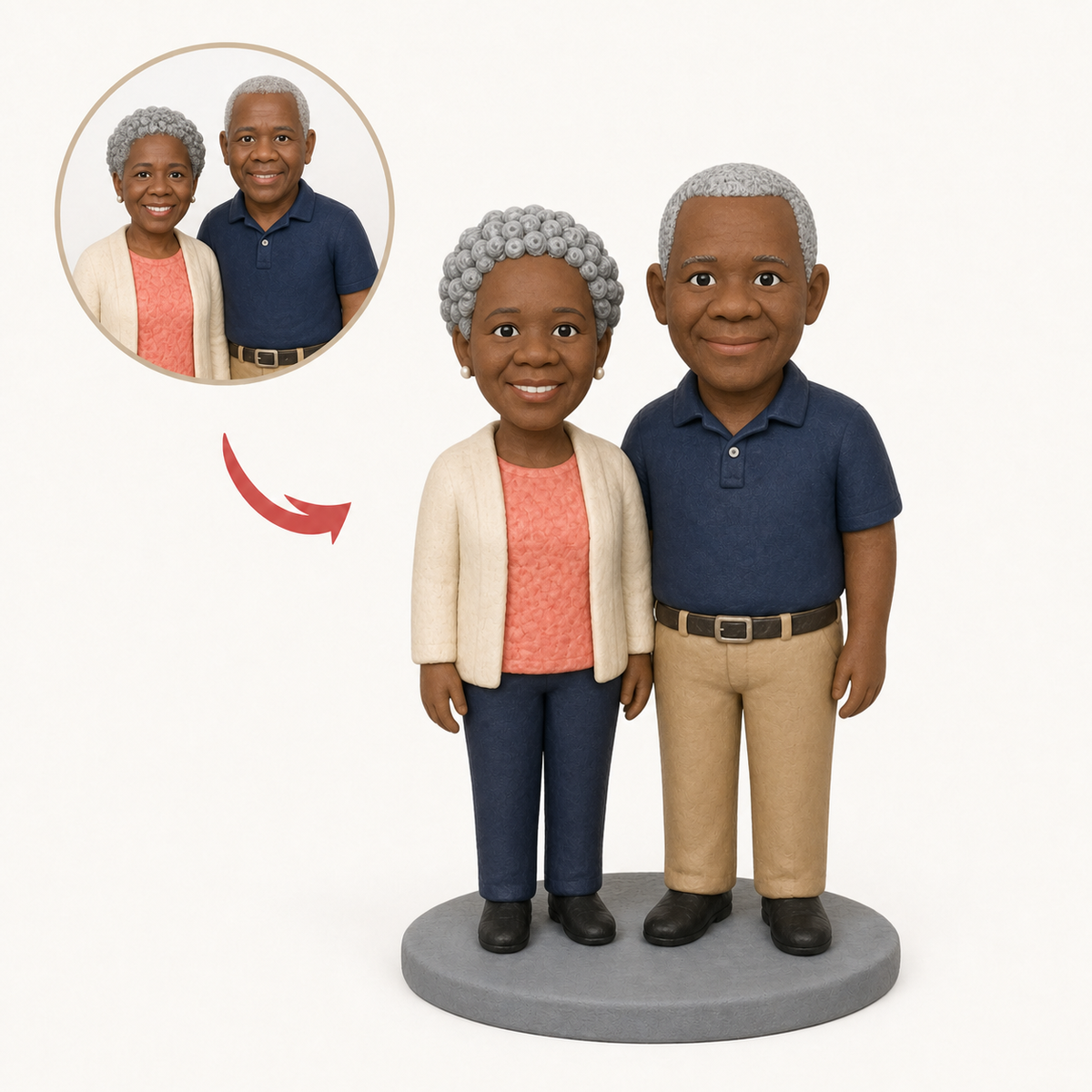 An elderly couple sculpted arm in arm from their photo