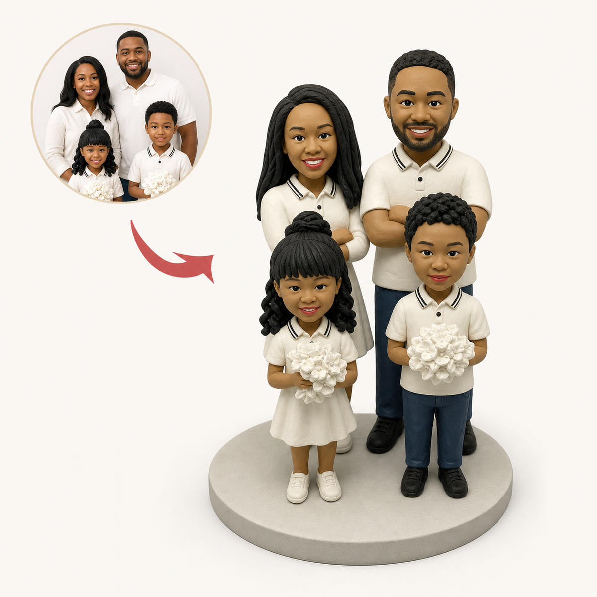 A family of four sculpted together on one base