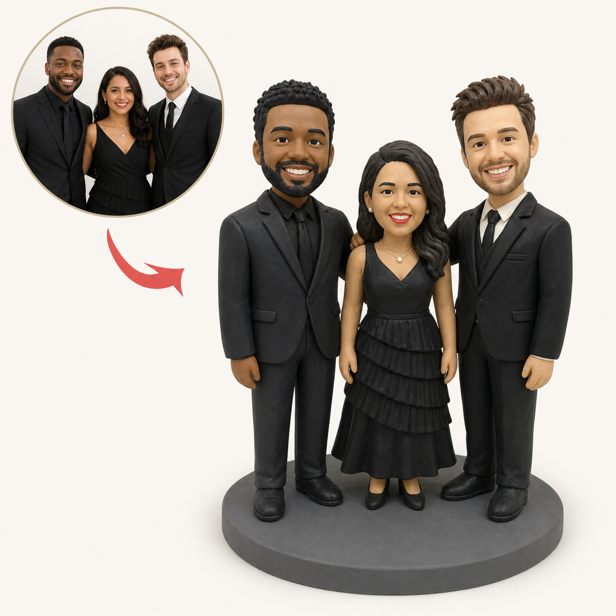 Three people in formal dress, sculpted as one group