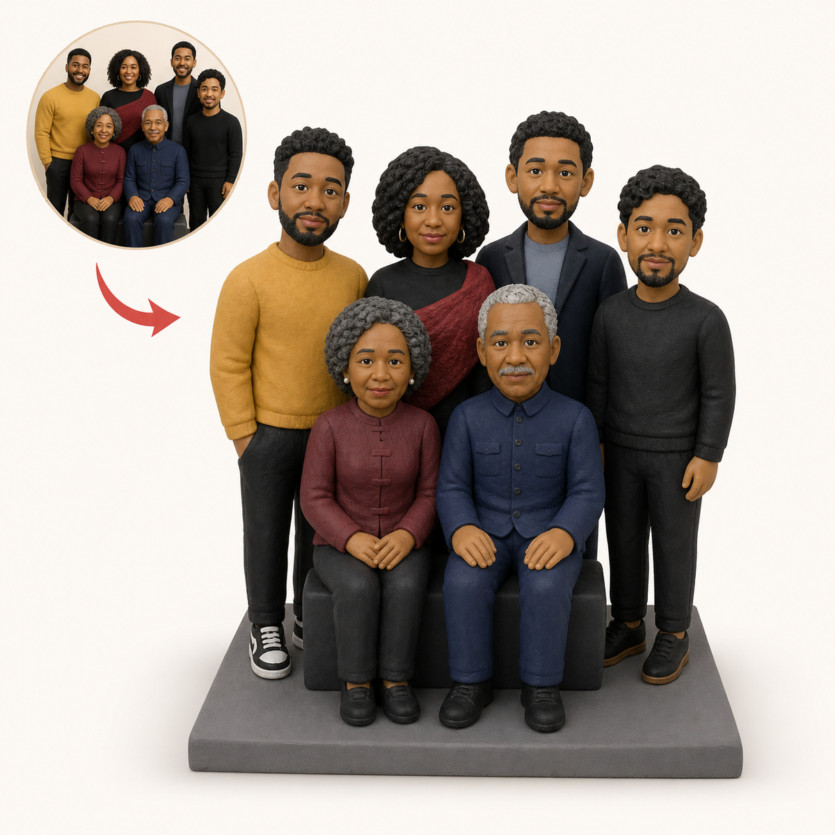 A family of six sculpted together on a single base