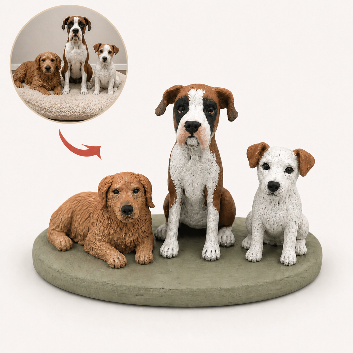 Three dogs from one photo, sculpted together on a single base