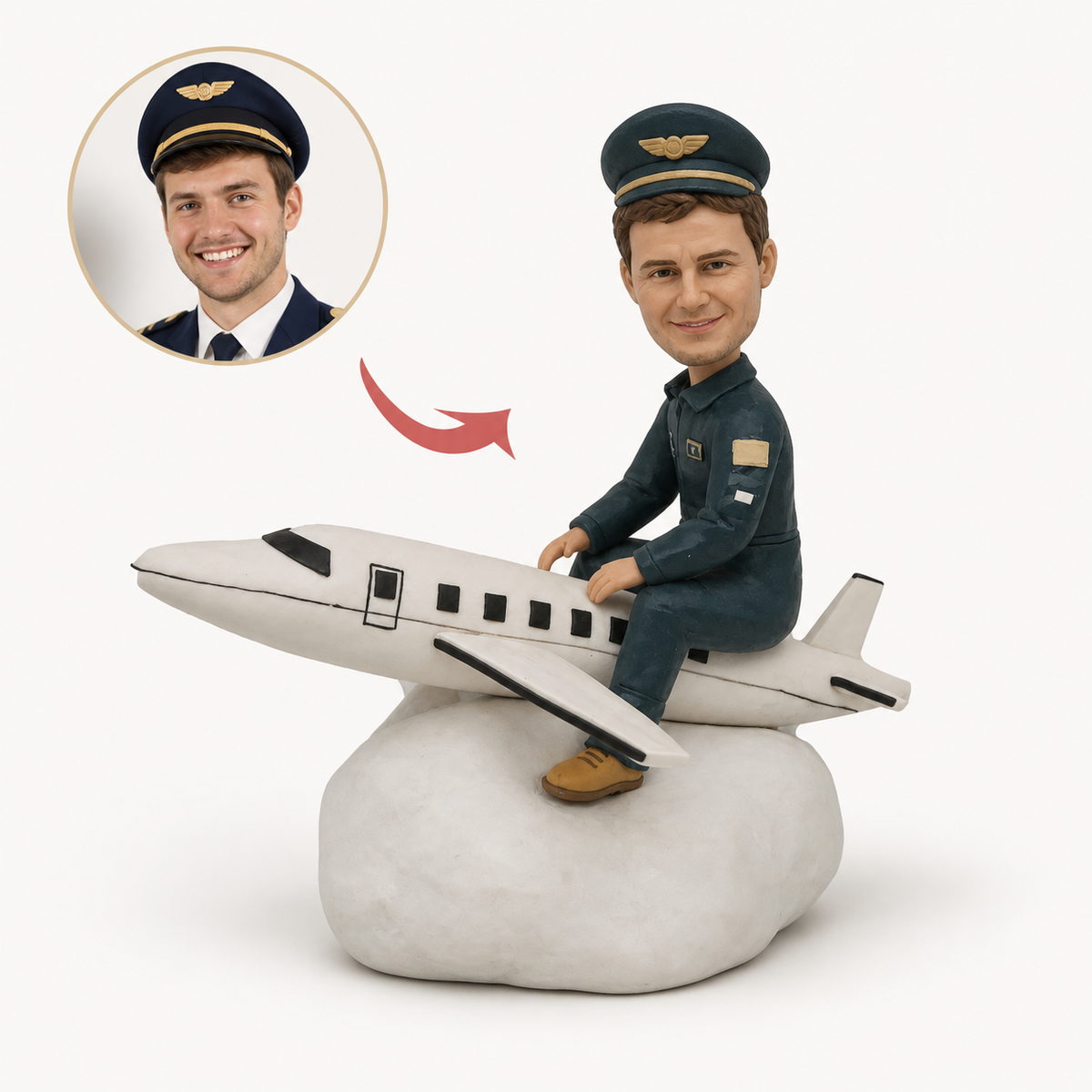 A pilot in uniform, sculpted sitting on his own jet