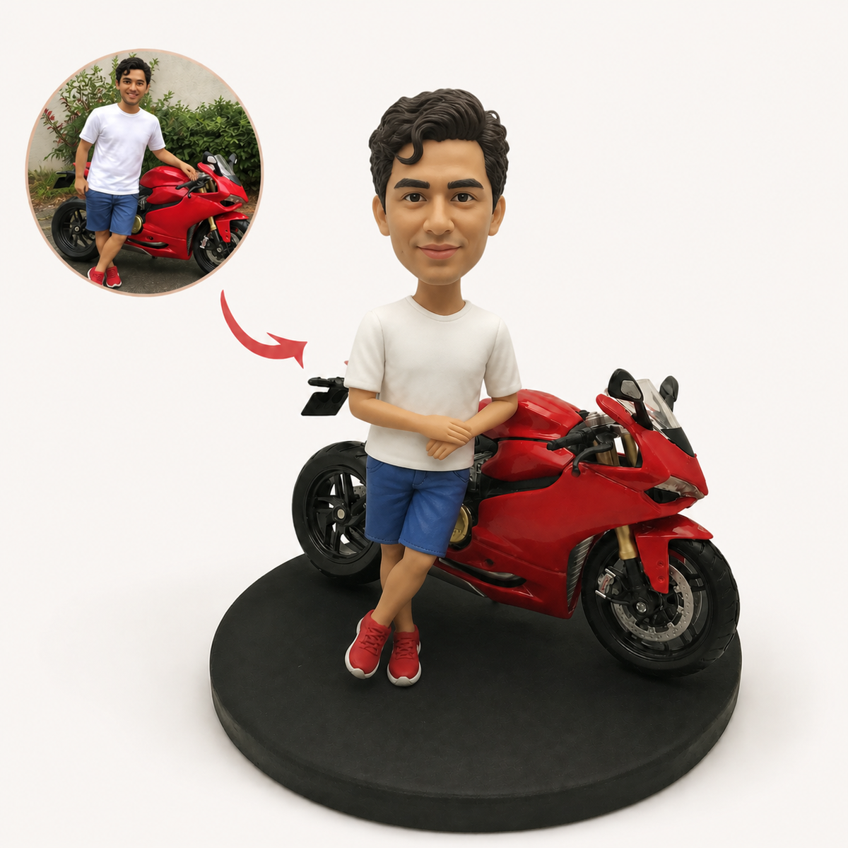 A rider leaning on his red motorbike, both sculpted in clay