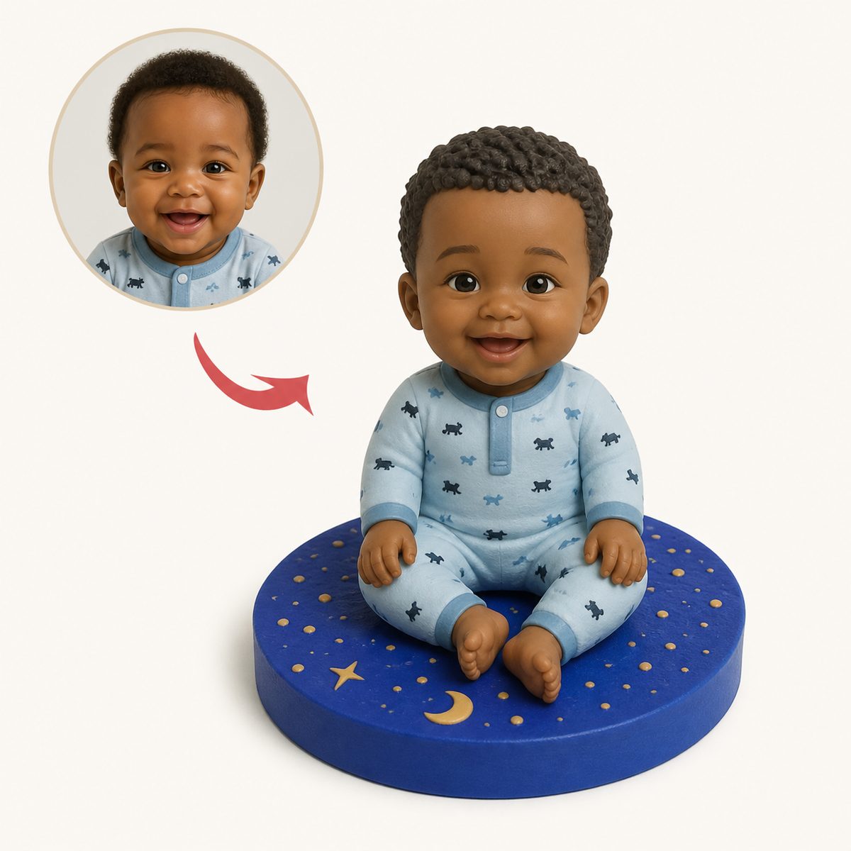 A baby in star pyjamas, sculpted from a photo